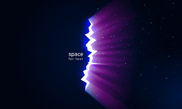 Light And Stars In Space From Cracks In Surface. Dark Broken Wall Glow Portal Into Space. Dark Universe With Crack Continuum For Impressive Design. Vector Illustration, Background For Text