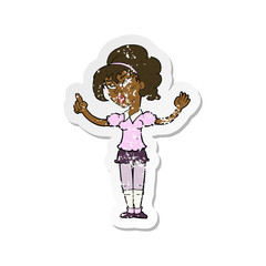 retro distressed sticker of a cartoon woman with idea