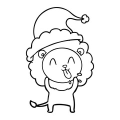 happy line drawing of a lion wearing santa hat