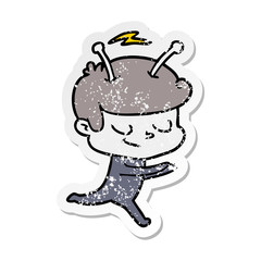 distressed sticker of a friendly cartoon spaceman running