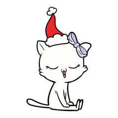 line drawing of a cat with bow on head wearing santa hat