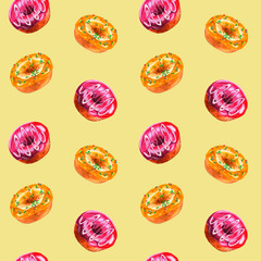 Seamless pattern wirh yummy elements. Endless texture with doughnuts on white background