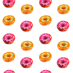 Seamless pattern wirh yummy elements. Endless texture with doughnuts on white background