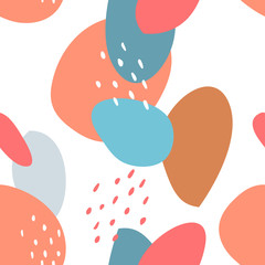 Seamless abstract pattern with spots and dots. Blue, beige, red, turquoise colors. Avan-garde cute cartoon background. Abstractionism style.