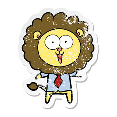 distressed sticker of a happy cartoon lion