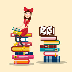 Woman Studying in Library. Young Girl in Red Sitting on Books Pile. Vector Literature Knowledge Concept.