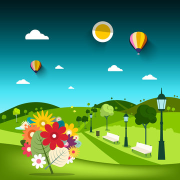 Flowers in Empty Park with Hills on Background and Path with Lamps. Vector Landscape.