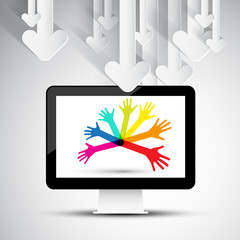 Creative Computer Design with Paper Arrows and Colorful Hands on Screen - Vector Design