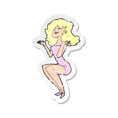 retro distressed sticker of a cartoon attractive woman sitting