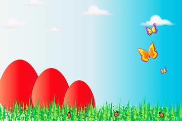 Easter illustration with red Easter eggs in the nature - blue sky background, butterflies and lady bugs