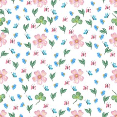 Seamless watercolor pattern of flowers, leaves and butterflies.