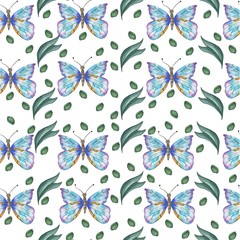 Seamless watercolor pattern of butterflies and leaves.