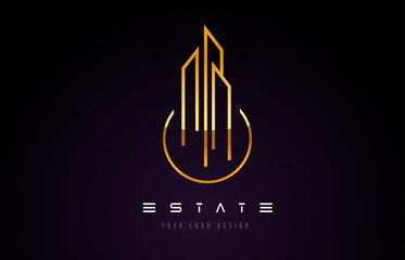Gold Real Estate Modern Monogram Logo Design. Real Estate Lines Abstract Buildings Icon.