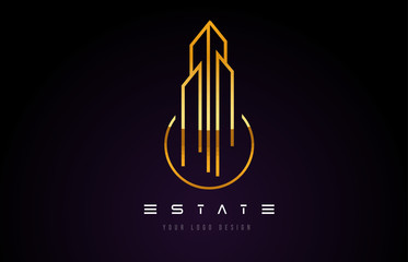 Gold Real Estate Modern Monogram Logo Design. Real Estate Lines Abstract Buildings Icon.