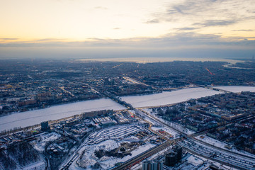 Aerial drone photo of last minutes of sanset at Saint Petersburg with the over it's world renown bridges. 