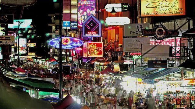 Nighttime Timelapse of Khao San Road in Bangkok, Thailand