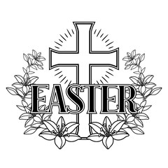 Happy Easter concept illustration. Cross and lilies.