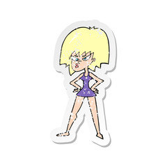 retro distressed sticker of a cartoon angry woman in dress