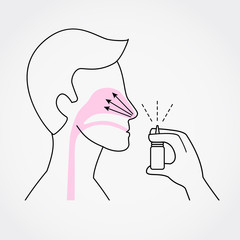 Man using nasal spray simple flat vector illustration on grey background.