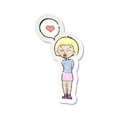 retro distressed sticker of a cartoon woman in love