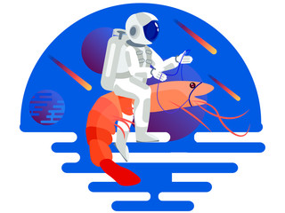 Naklejka premium Astronaut riding a shrimp. In minimalist style Cartoon flat Vector