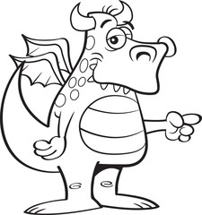 Black and white illustration of a winged dragon pointing.