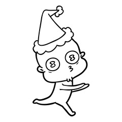 line drawing of a weird bald spaceman running wearing santa hat