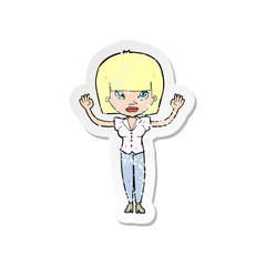 retro distressed sticker of a cartoon woman with raised hands