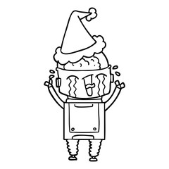 line drawing of a crying robot wearing santa hat