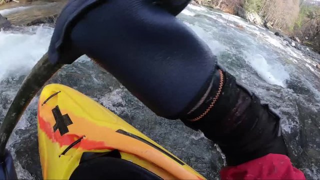 First person view of whitewater kayak on the Applegate River on the border of California and Oregon