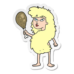 sticker of a cartoon cavewoman with meat