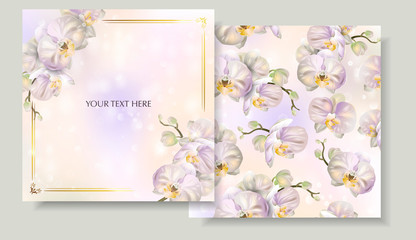 Set of Vector banners with Blossoming orchid flowers.Template for greeting cards, wedding decorations, invitation, sales, packaging. Spring or summer design. Place for text.