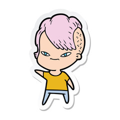 Obraz premium sticker of a cute cartoon girl with hipster haircut