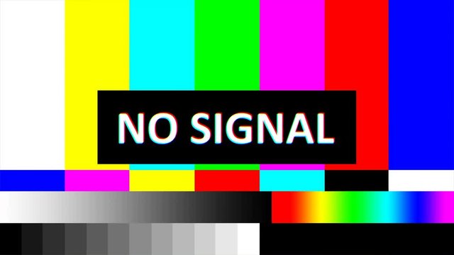 Screen of TV with glitch in broadcasting or problems with connection having colorful stripes and words - No signal.