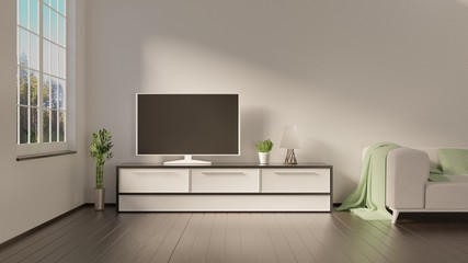 Home interior with a window and wooden floor. TV on a console and white sofa. 3D rendering.