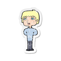 retro distressed sticker of a cartoon unhappy man