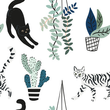 Cute cats and house plants on the white background. Vector seamless pattern. Pets and green florals in the pots. Nature print. Digital illustration with animals