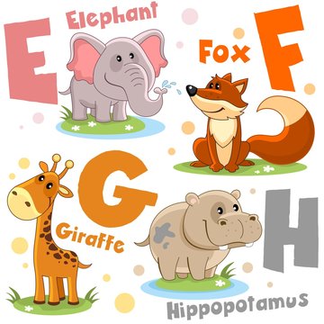 A set of letters with pictures of animals, words from the English alphabet. For the education of children. Animal characters are elephant, fox, giraffe, hippopotamus, hippo.