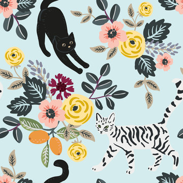 Cute cats and floral bouquets on the light blue background. Vector seamless pattern. Pets and flowers. Nature print. Digital illustration with animals 