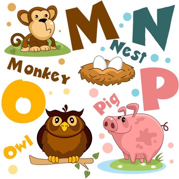 A set of letters with pictures of animals, words from the English alphabet. For the education of children. Animal characters: monkey, owl, nest with eggs, pig.