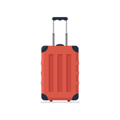 Icon luggage. Flat style red tourist plastic suitcase. Business and family summer vacation luggage. Vector