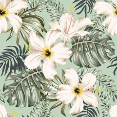 Wallpaper murals Hibiscus Tropical white hibiscus flowers, monstera palm leaves bouquets, green background. Vector seamless pattern. Jungle foliage illustration. Exotic plants. Summer beach floral design. Paradise nature
