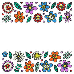 Vector set of child drawing flowers icons in doodle style. Painted, colorful, pictures on a piece of paper on white background.