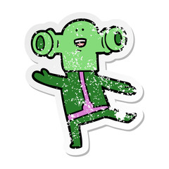 distressed sticker of a friendly cartoon alien