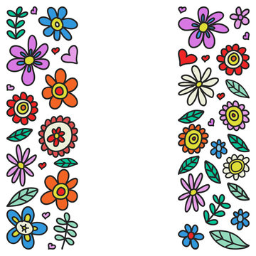 Vector set of child drawing flowers icons in doodle style. Painted, colorful, pictures on a piece of paper on white background.