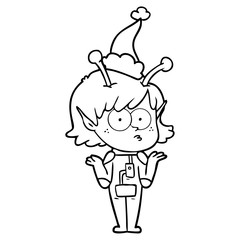 line drawing of a alien girl wearing santa hat