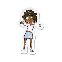 retro distressed sticker of a cartoon frightened woman