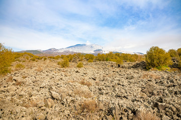 Etna Volcano with smoke in winter, volcano landscape from Catania, Sicily island, Italy