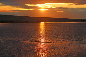 Fleet Basin and Chesil Bank at sunset