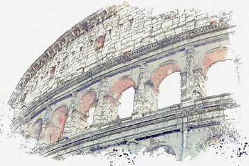 Fototapety  Szkic akwarelowy lub ilustracja pięknego widoku Koloseum w Rzymie we Włoszech